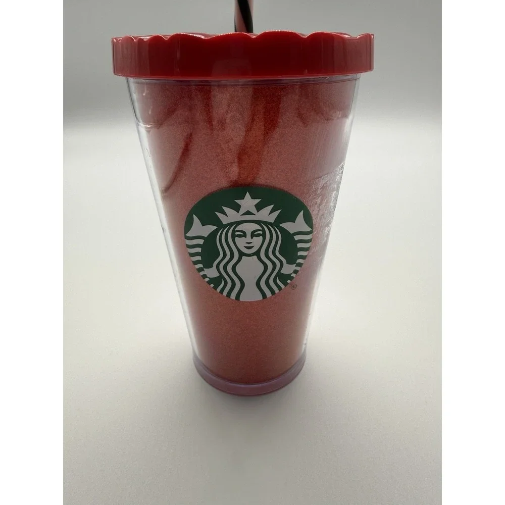 Starbucks Red Glitter Christmas Tumbler BPA free Green Stripe Straw‎ 16 oz